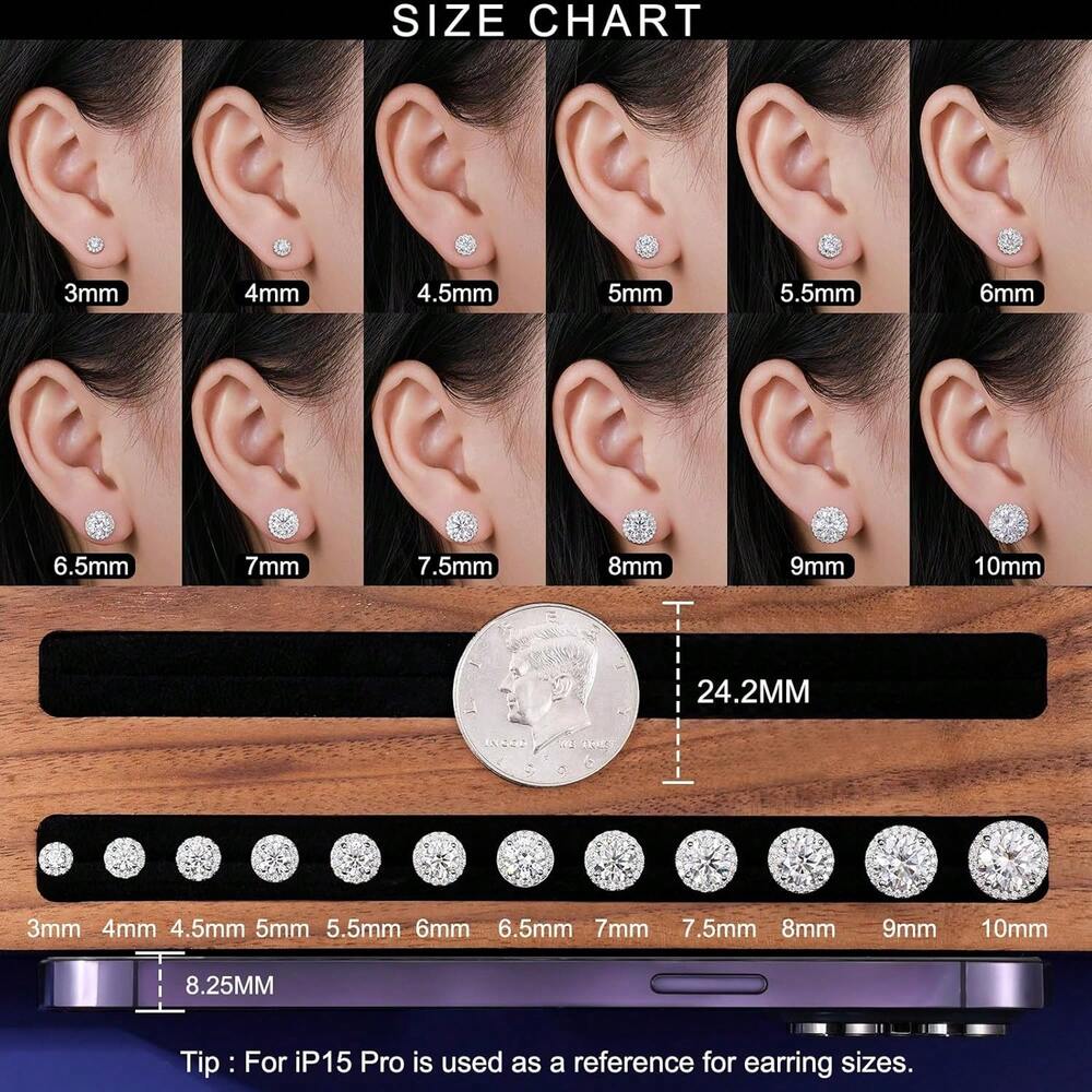 EWAJFBVMoissanite Halo Earrings Stud Screw Back 0.2-8.0ct 3-10mm 18K White Gold Plated 925 Sterling Silver Lab Round Cut Brilliant Moissanite Halo Earrings Women Men