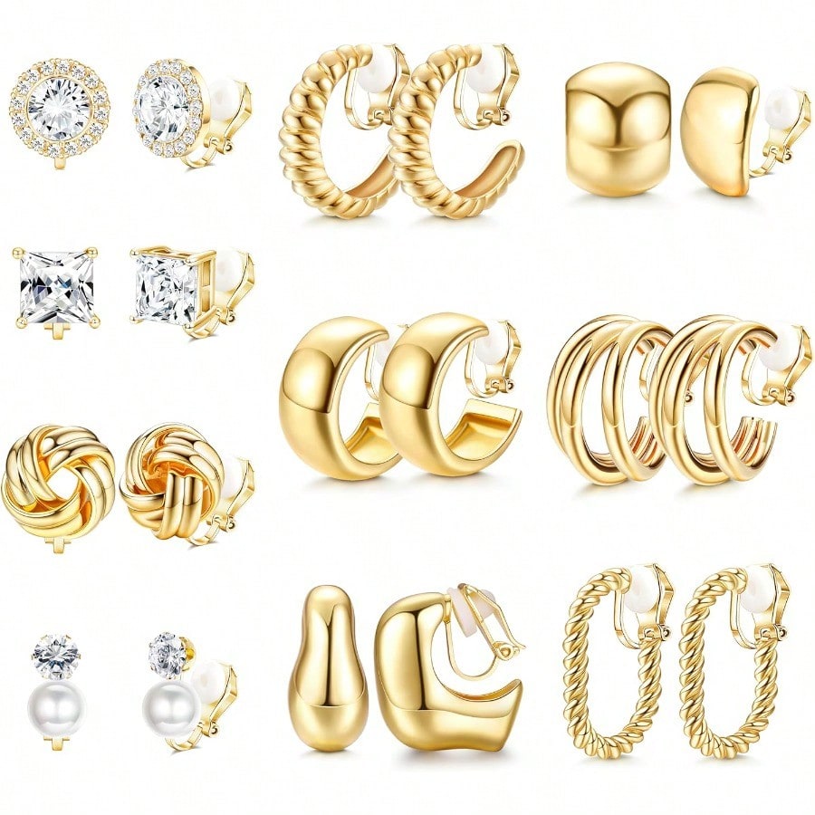 Fashion EarringFIBO STEEL 10 Pairs Clip On Earrings For Women Non Pierced Ears CZ Pearl Knot Twist Chunky Hoop And Studs Earring Set Ear Clips Jewelry Gold Silver Tone