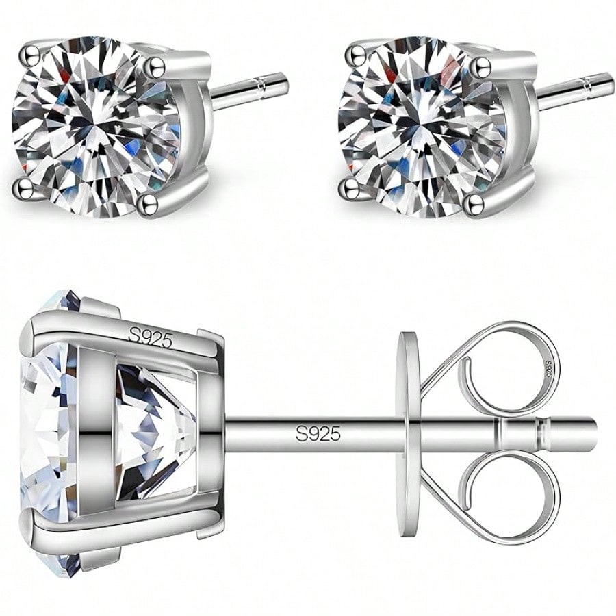 EWAJFBVMoissanite Stud Earrings Women & Men – 1.0 & 1.6 CTW Round Cut, Clarity Lab-Created – 925 Sterling Silver With White Gold Plating – Hypoallergenic, GRA Certified