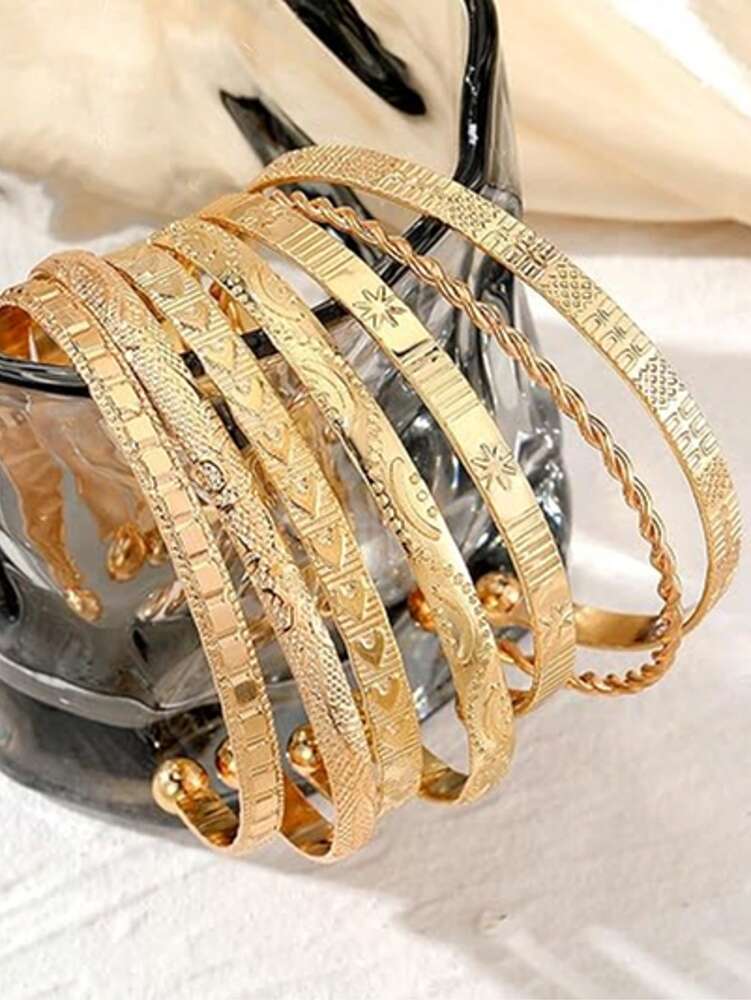 7pcs Gold & Silver Mix Bracelet Set - Women's Fashion Disco Style Stackable Bracelets,  Chunky Metallic Jewelry, Perfect For Parties, Dates & Daily Layering