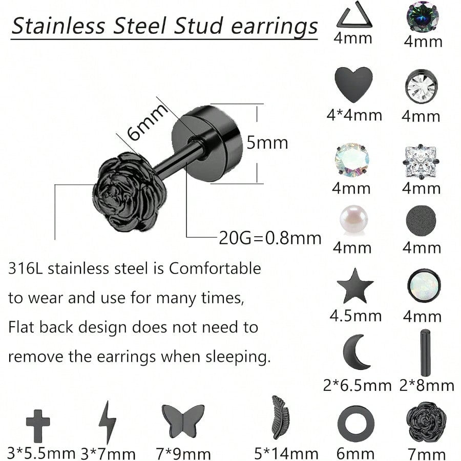 Fashion Earring18 Pairs Stainless Steel Stud Earrings Set For Women Men Star Moon Flower Heart Leaf Opal 20G Cartilage Earrings Hypoallergenic Flatback Earrings Piercing Jewelry