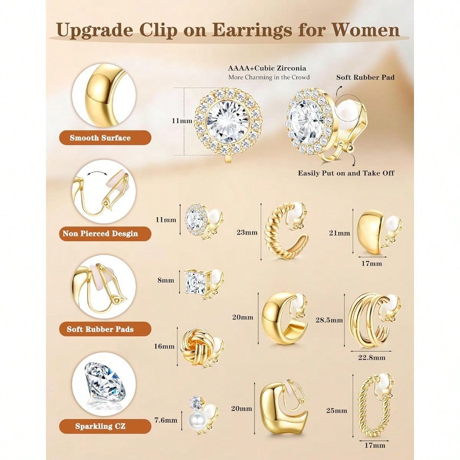 Fashion EarringFIBO STEEL 10 Pairs Clip On Earrings For Women Non Pierced Ears CZ Pearl Knot Twist Chunky Hoop And Studs Earring Set Ear Clips Jewelry Gold Silver Tone