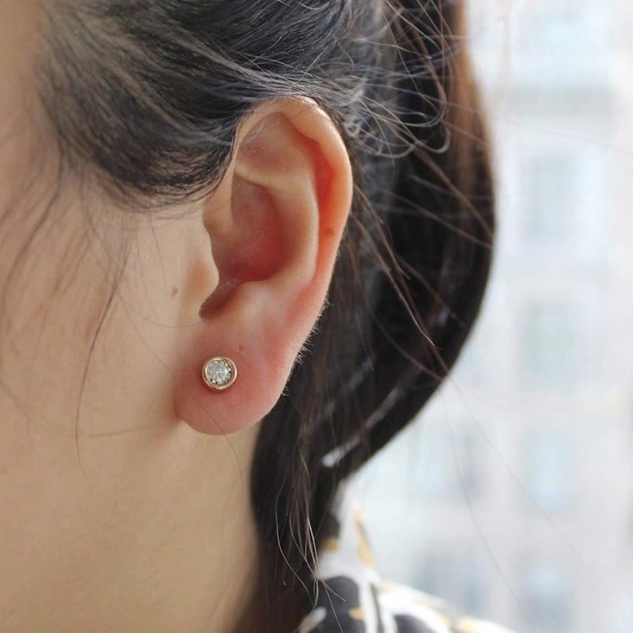 EWAJFBVWomen Round Stud Earrings Set In 925 Sterling Silver| Or Lab Grown| 14K Gold Bezel| White Yellow Or Rose| Lab Certified| Hypoallergenic