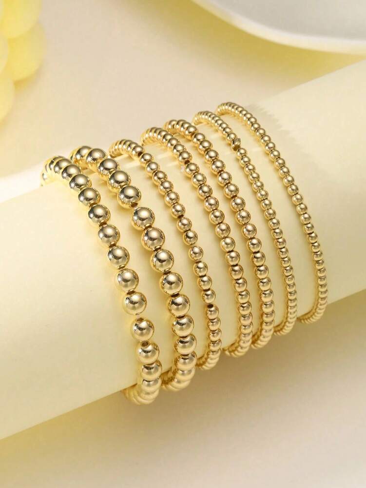 7pcs Gold Bracelets For Women Gold Bracelet Stack Pearl Beaded Bracelets For Women 14K  Stretch Bead Ball Bracelet Sets Jewelry For Mother's Day Birthday Gifts