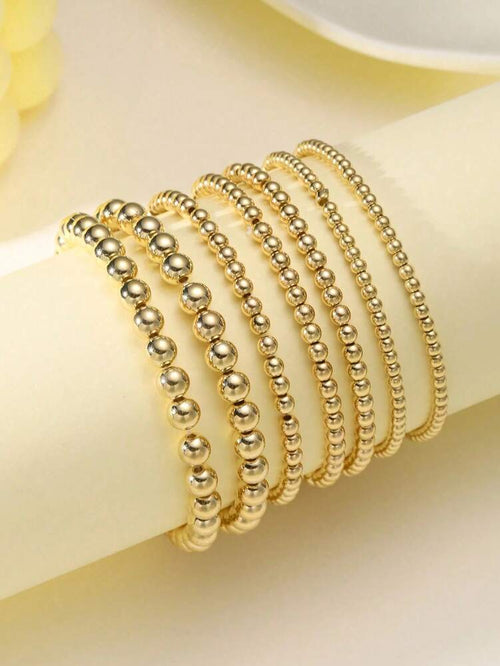 7pcs Gold Bracelets For Women Gold Bracelet Stack Pearl Beaded Bracelets For Women 14K  Stretch Bead Ball Bracelet Sets Jewelry For Mother's Day Birthday Gifts