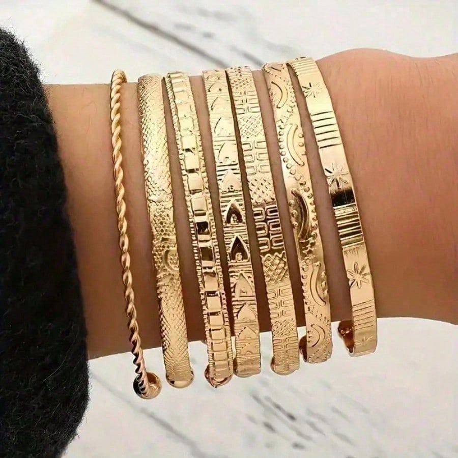 7pcs Gold & Silver Mix Bracelet Set - Women's Fashion Disco Style Stackable Bracelets,  Chunky Metallic Jewelry, Perfect For Parties, Dates & Daily Layering