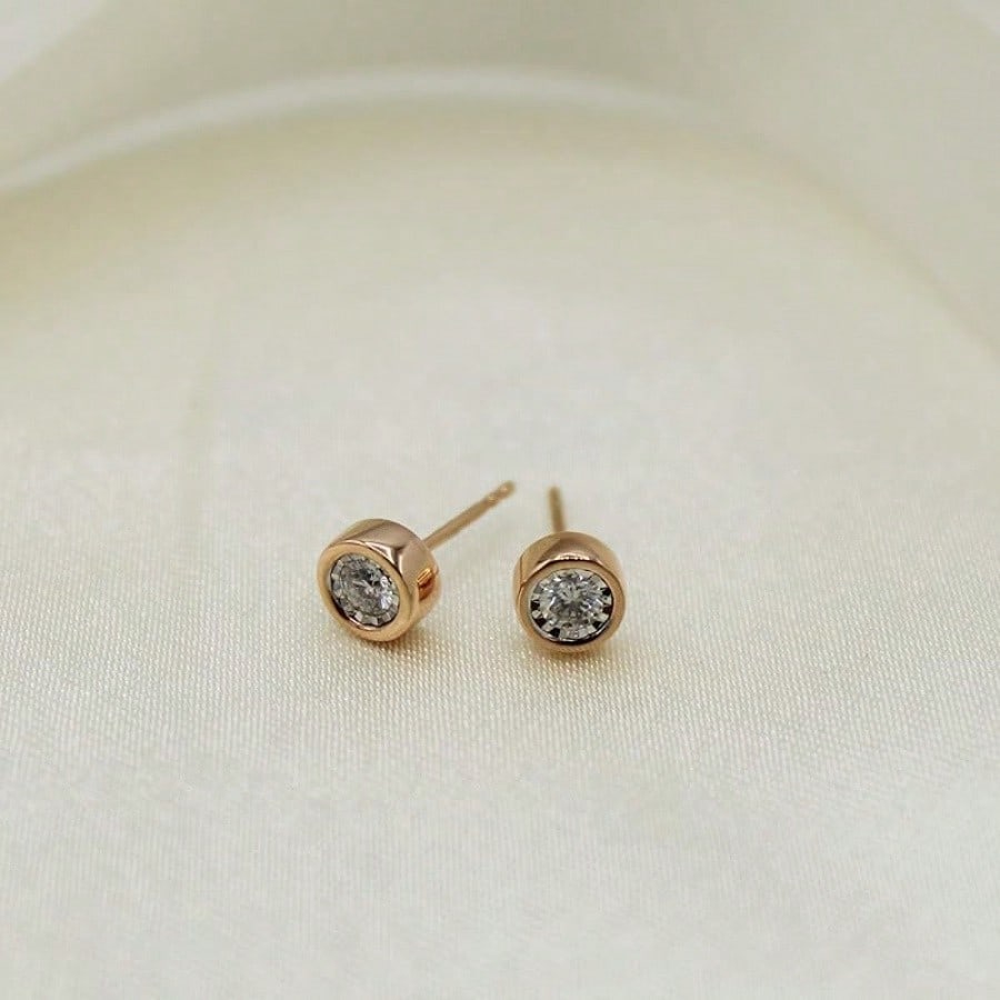 EWAJFBVWomen Round Stud Earrings Set In 925 Sterling Silver| Or Lab Grown| 14K Gold Bezel| White Yellow Or Rose| Lab Certified| Hypoallergenic