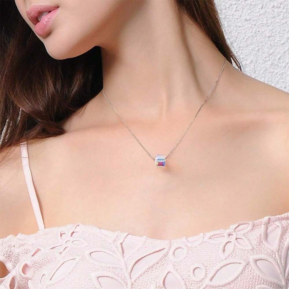 DS Free Shipping PLATO H Collar De Plata De Ley S925 Con Dije De Cubo De Cristales Para Mujer, Joyería única Con Exquisita Caja De Regalo, San Valentín, Día De La Madre Para Ella