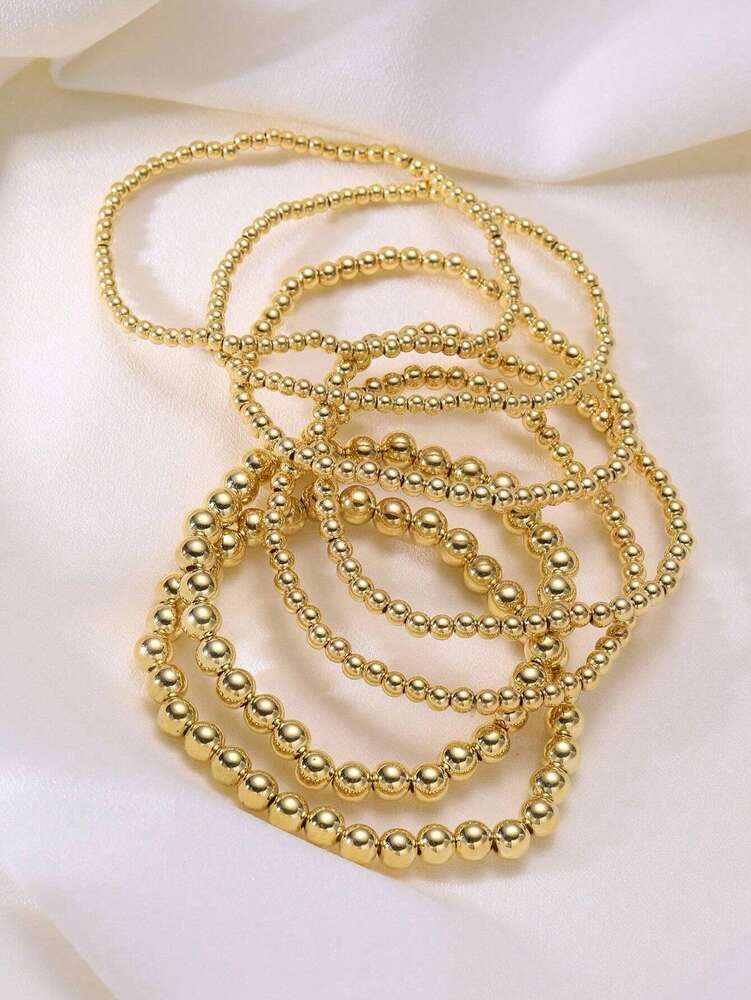 7pcs Gold Bracelets For Women Gold Bracelet Stack Pearl Beaded Bracelets For Women 14K  Stretch Bead Ball Bracelet Sets Jewelry For Mother's Day Birthday Gifts