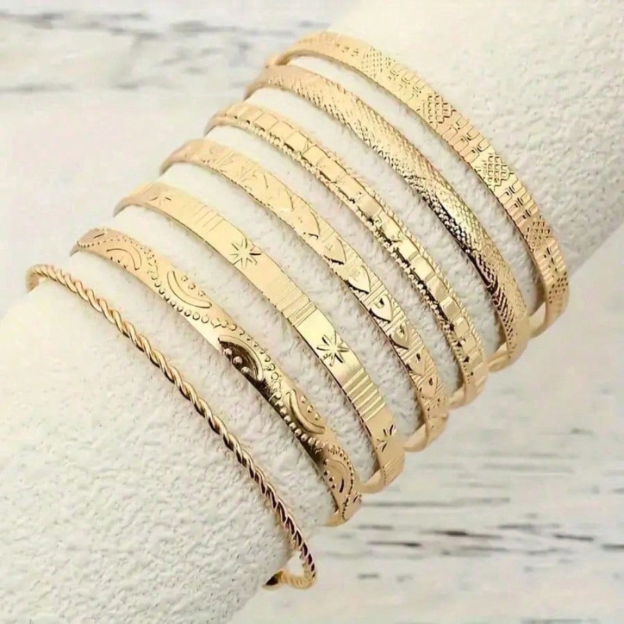 7pcs Gold & Silver Mix Bracelet Set - Women's Fashion Disco Style Stackable Bracelets,  Chunky Metallic Jewelry, Perfect For Parties, Dates & Daily Layering