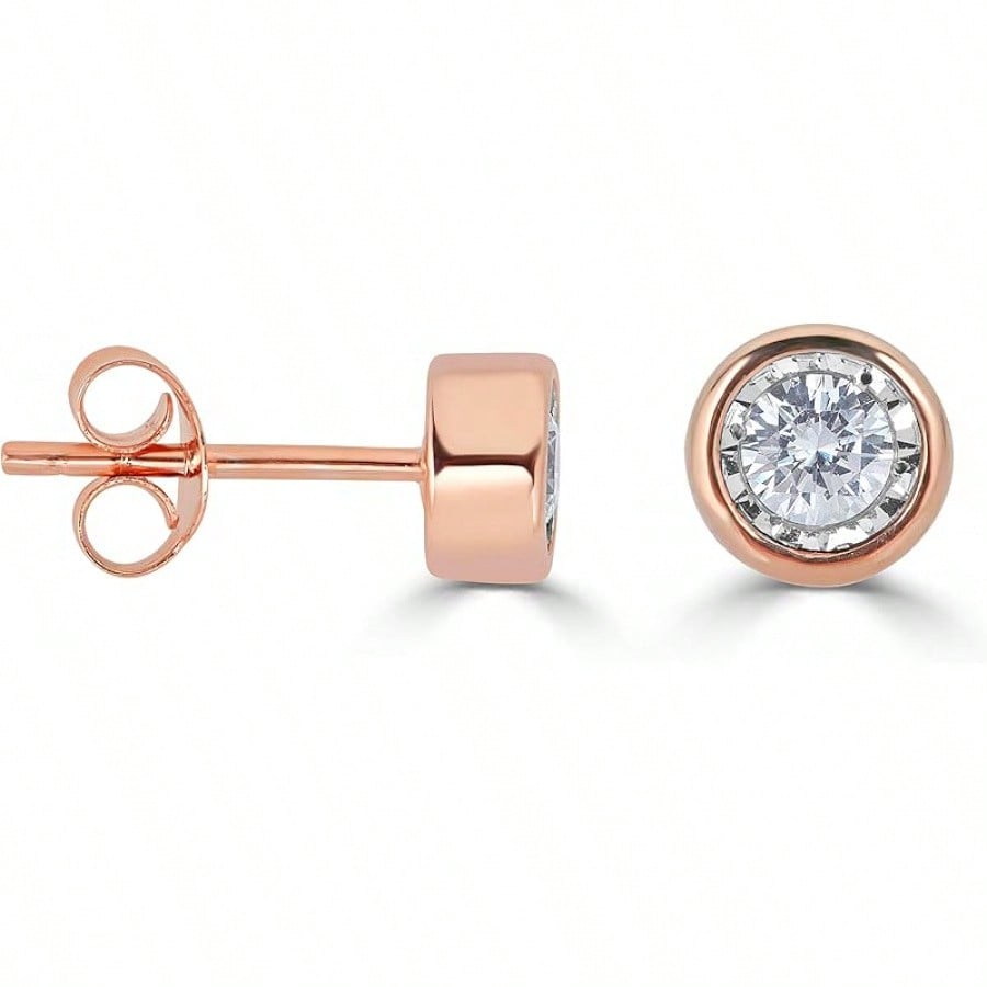EWAJFBVWomen Round Stud Earrings Set In 925 Sterling Silver| Or Lab Grown| 14K Gold Bezel| White Yellow Or Rose| Lab Certified| Hypoallergenic