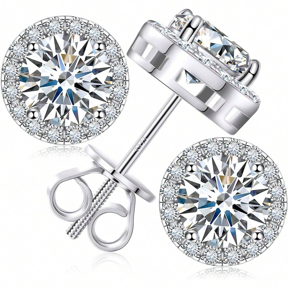 EWAJFBVMoissanite Halo Earrings Stud Screw Back 0.2-8.0ct 3-10mm 18K White Gold Plated 925 Sterling Silver Lab Round Cut Brilliant Moissanite Halo Earrings Women Men