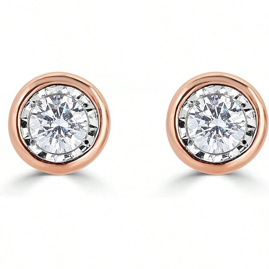 EWAJFBVWomen Round Stud Earrings Set In 925 Sterling Silver| Or Lab Grown| 14K Gold Bezel| White Yellow Or Rose| Lab Certified| Hypoallergenic